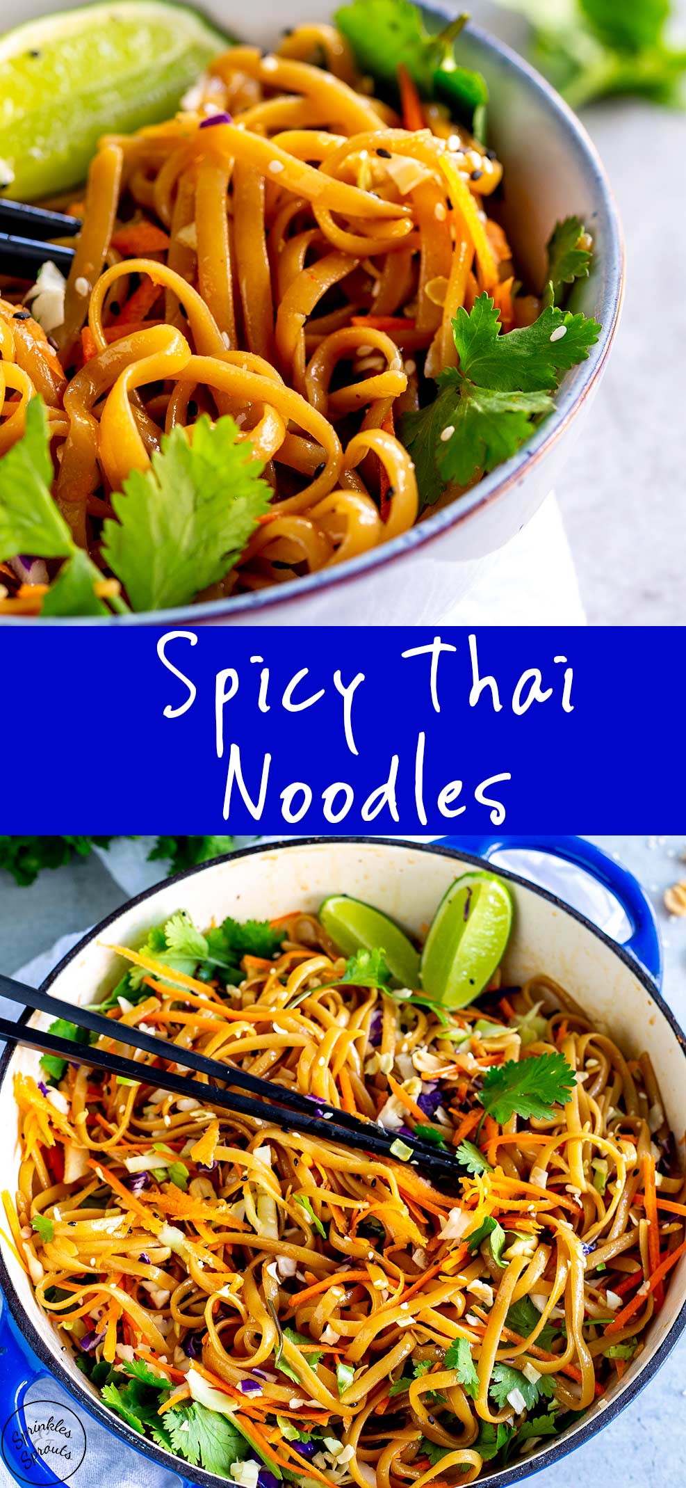 two pictures of Thai noodles with text in the middle