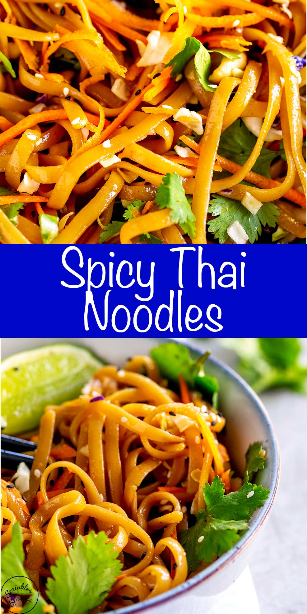 two pictures of Thai noodles with text in the middle