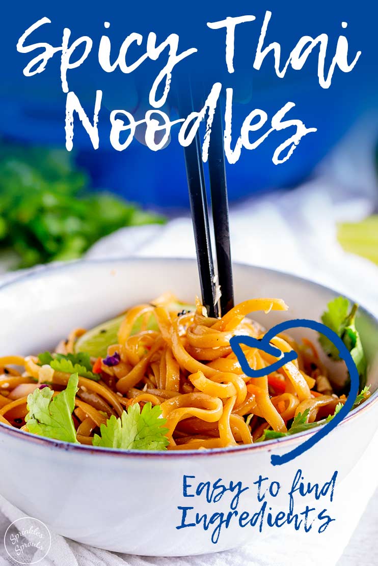 Pinterest Image - bowl thai noodles and chopsticks with text at the top and the bottom