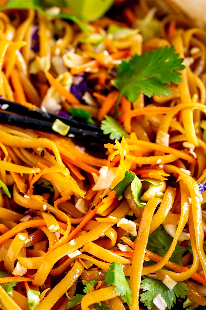 overhead closeup of Thai noodles garnished with cilantro
