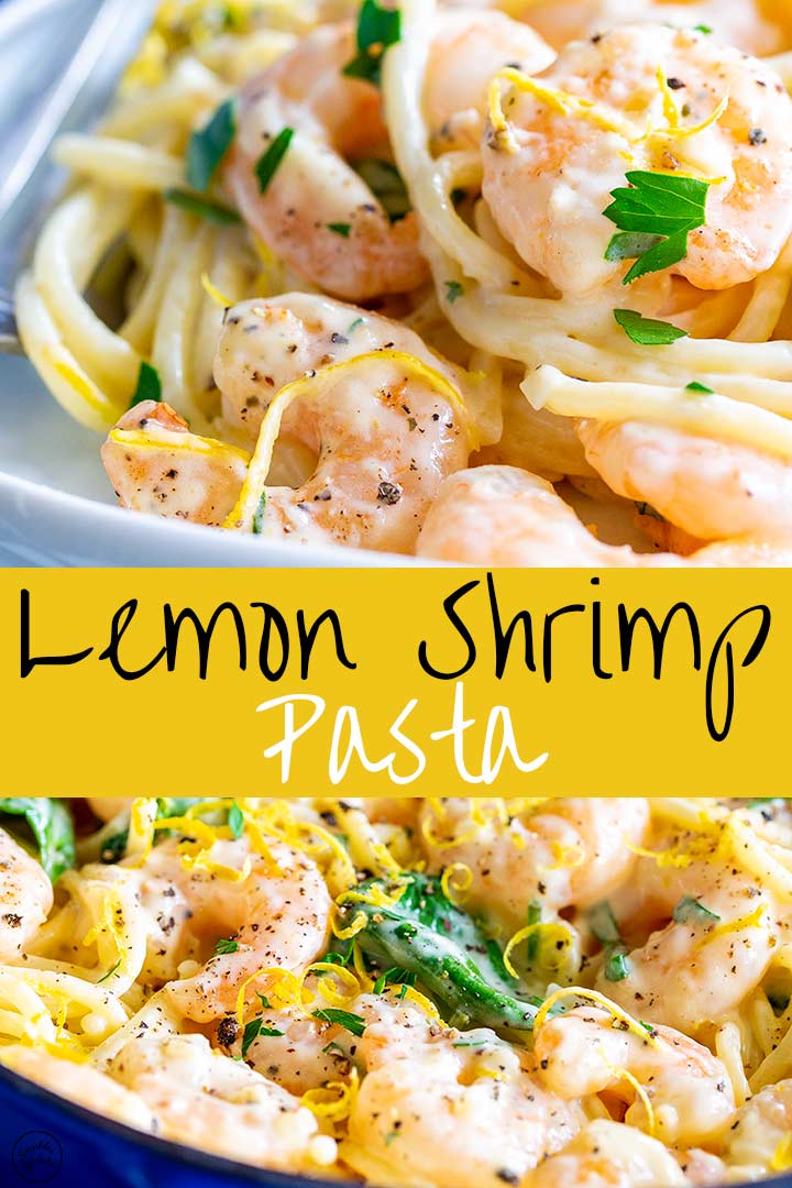 two pictures of lemon shrimp pasta with text in the middle