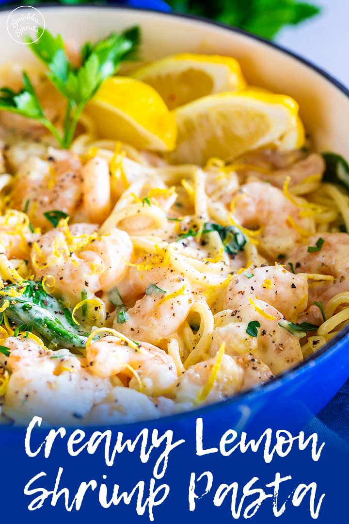 picture of lemon shrimp pasta with text at the bottom