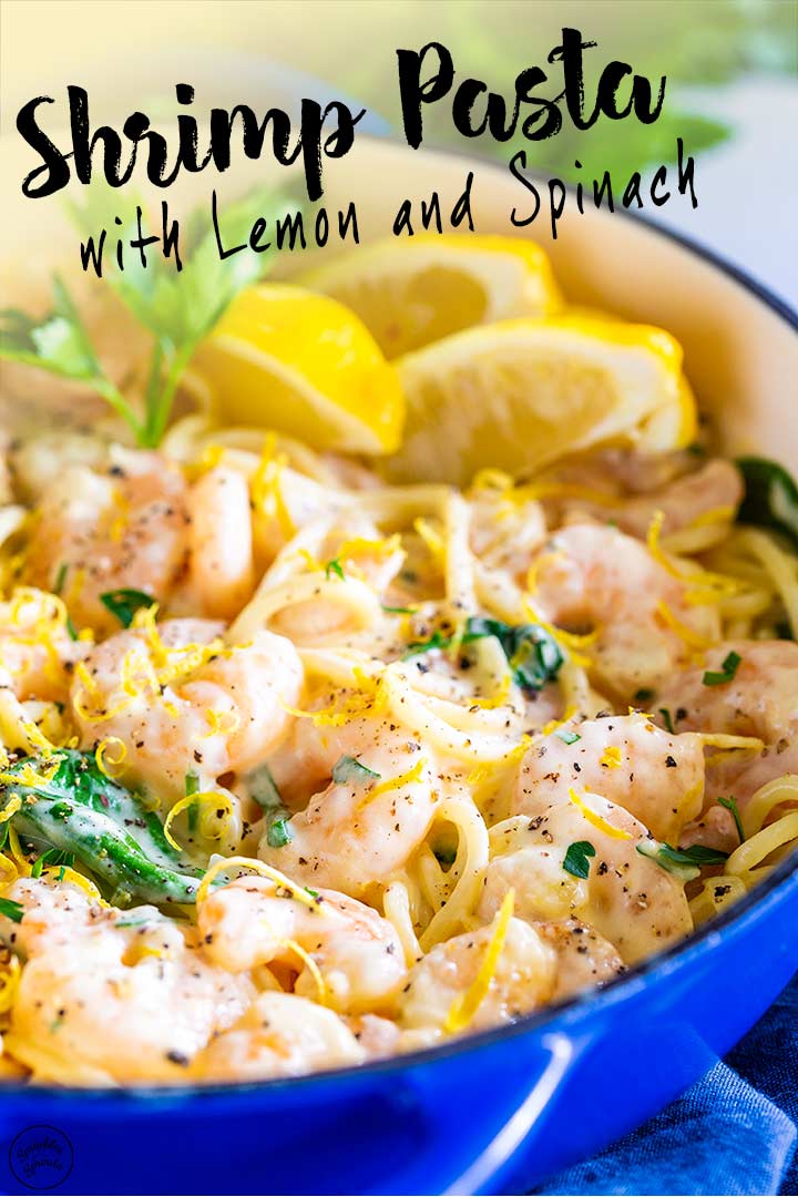 picture of lemon shrimp pasta with text at the top