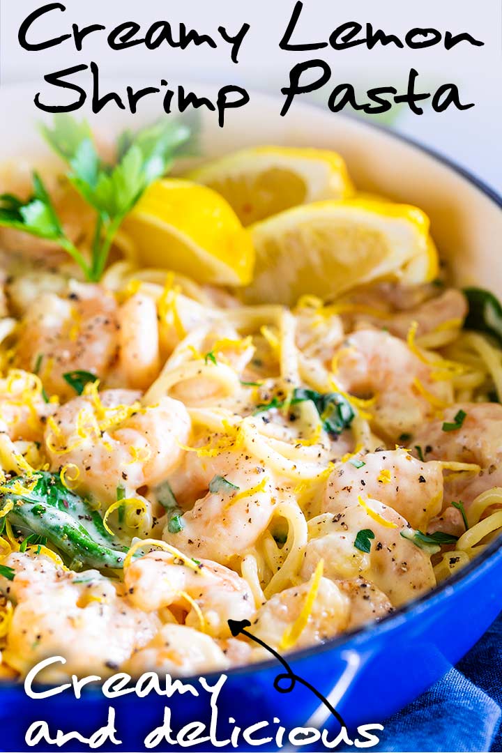 picture of lemon shrimp pasta with text at the top and bottom