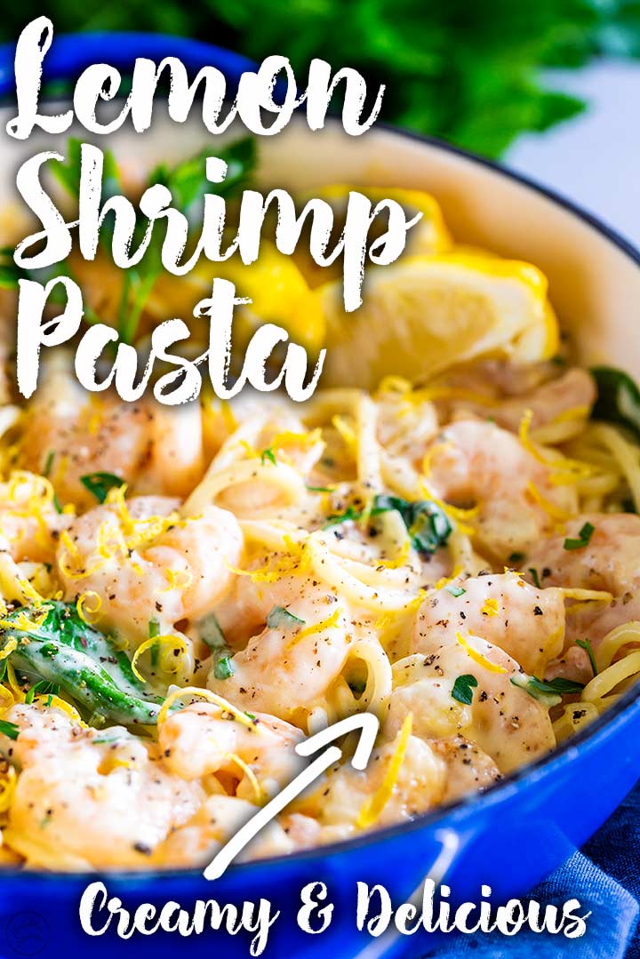 picture of lemon shrimp pasta with text at the top and bottom