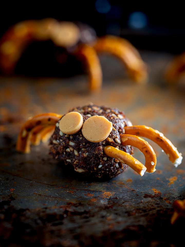 close up on the pretzel eggs of the bliss ball bug halloween treat