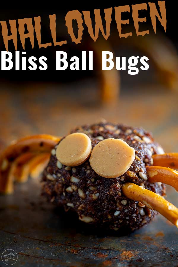 close up on a bliss ball turned into a bug with text at the top
