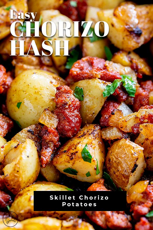 close up on Chorizo hash with text at the top and bottom