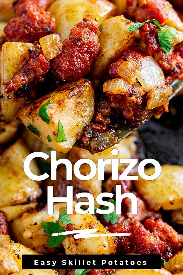 close up on a spatula of Chorizo hash with text at the bottom