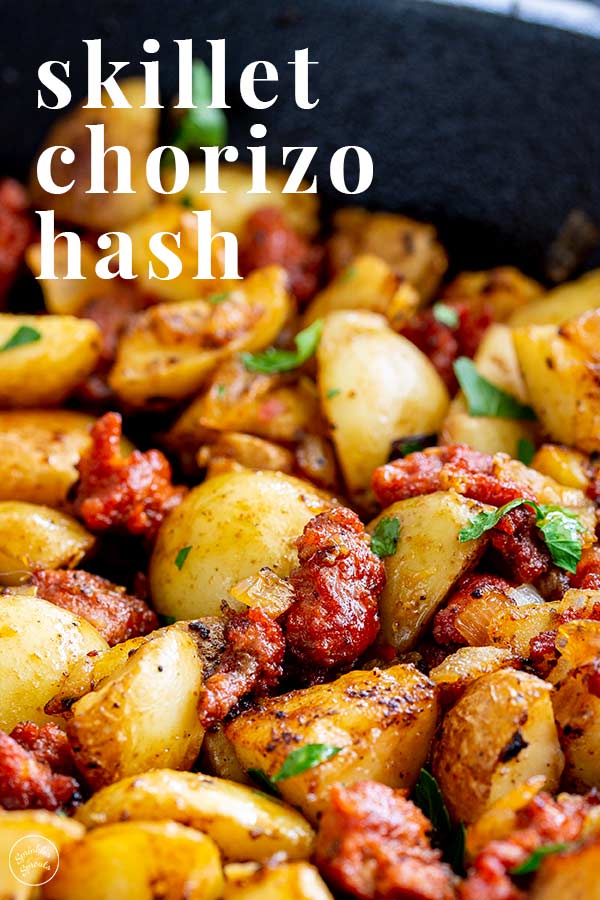 close up on Chorizo hash with text at the top