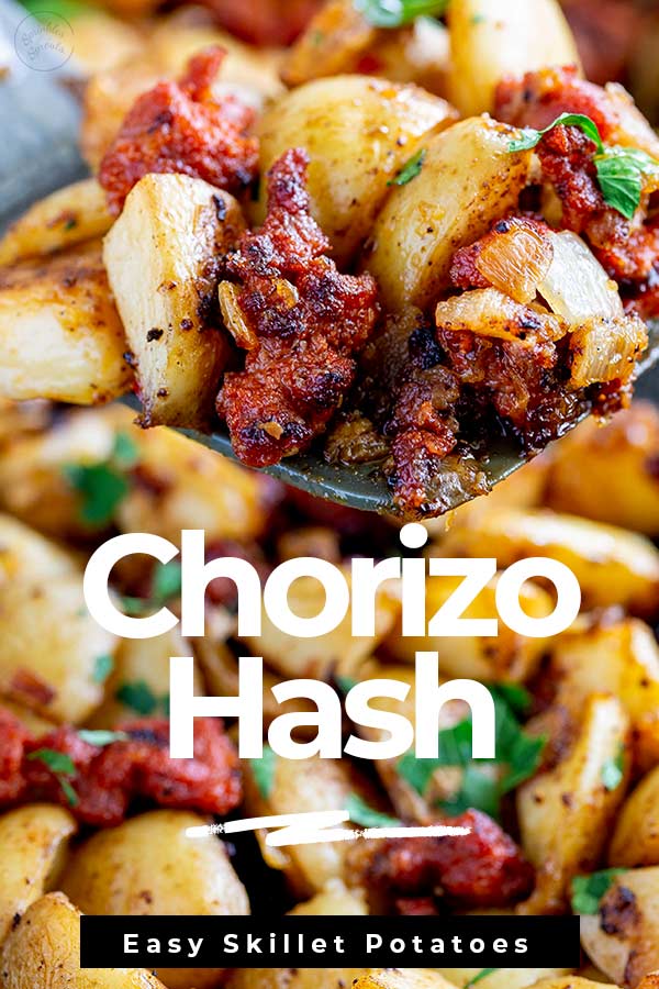 a spatula lifting up Chorizo hash with text at the bottom