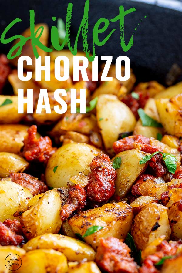 close up on Chorizo hash in a black skillet with text at the top