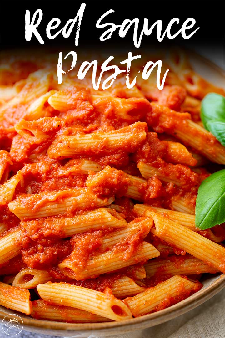 A bowl of Red Sauce Pasta with text at the top