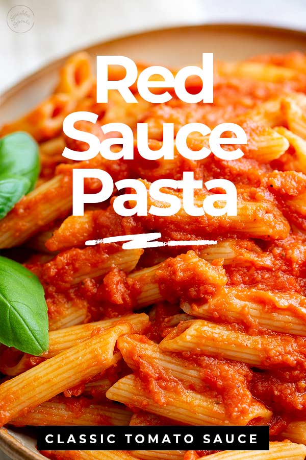 A bowl of Red Sauce Pasta with text in the middle