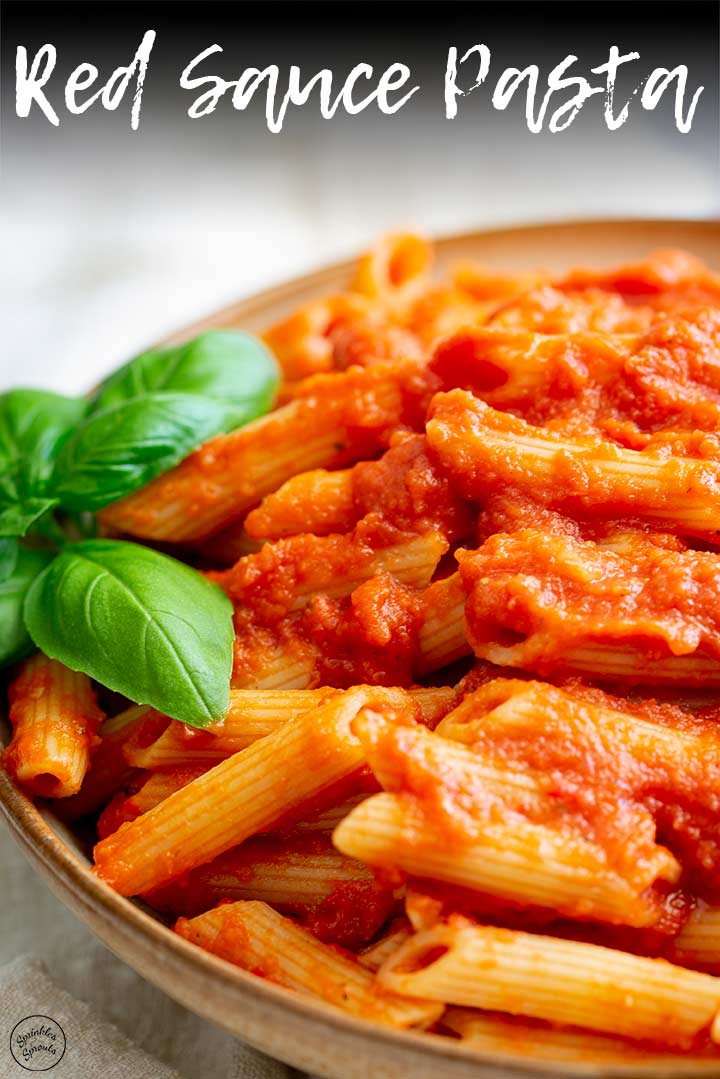 A bowl of Red Sauce Pasta with text at the top