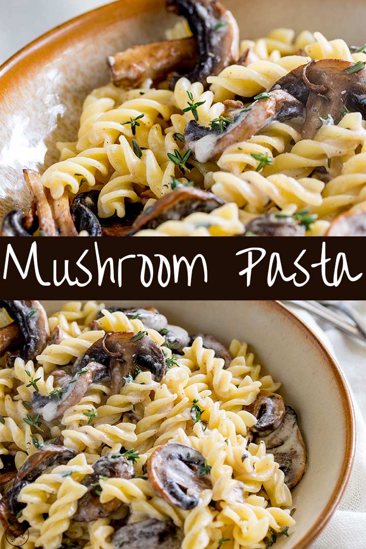 two pictures of mushroom pasta with text in the middle
