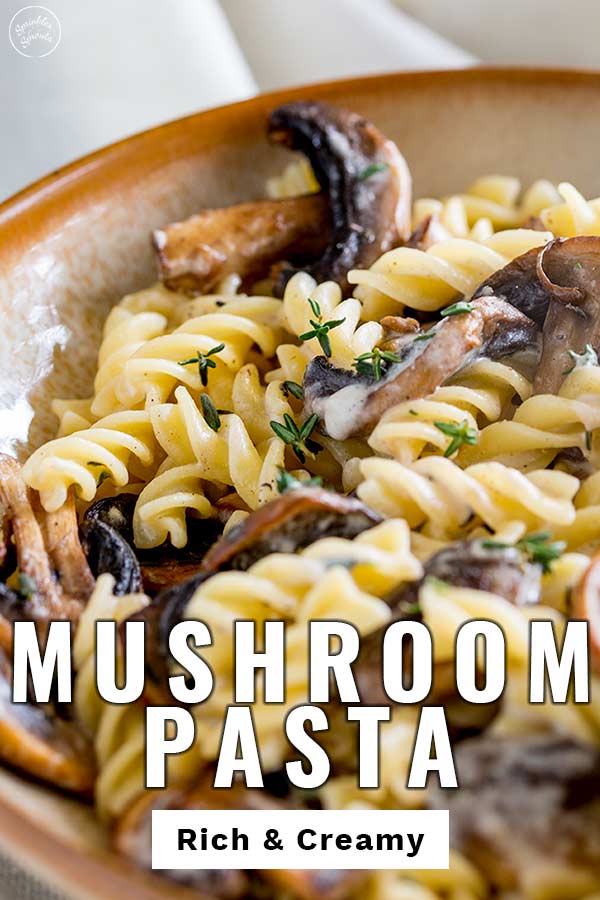 close up on mushroom pasta with text at the bottom