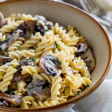 square picture of a brown and cream bowl of mushroom pasta