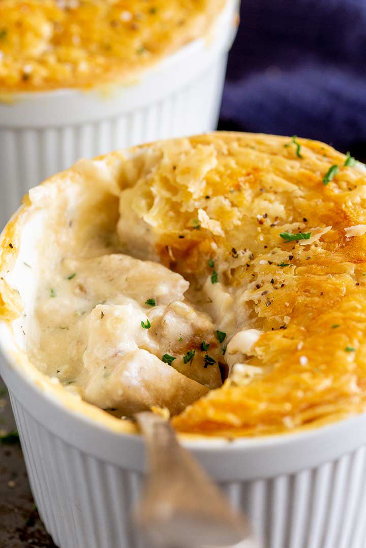 close up on the creamy filling of the fish pot pie