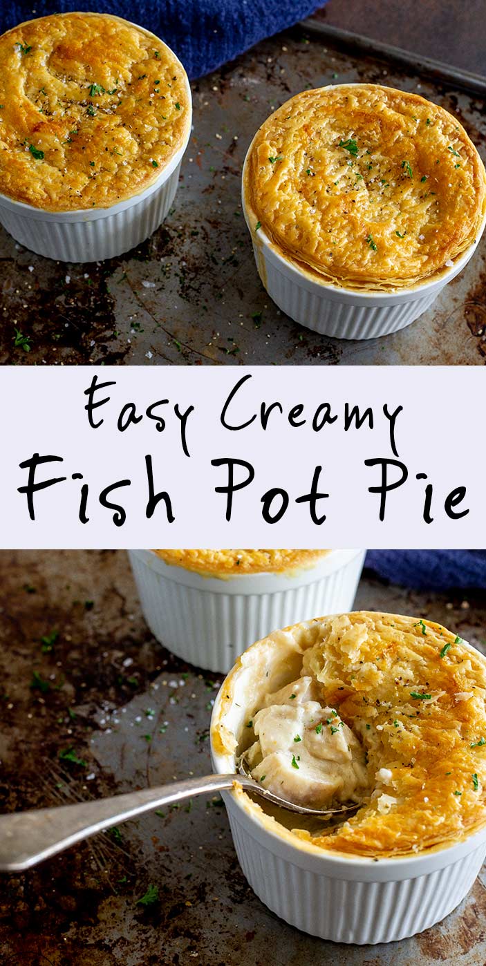 two pictures of fish pot pie with text in the middle