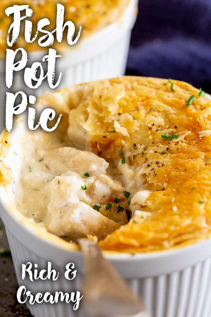 a spoon lifting up the creamy fish filling from a pot pie, with text at the top and bottom