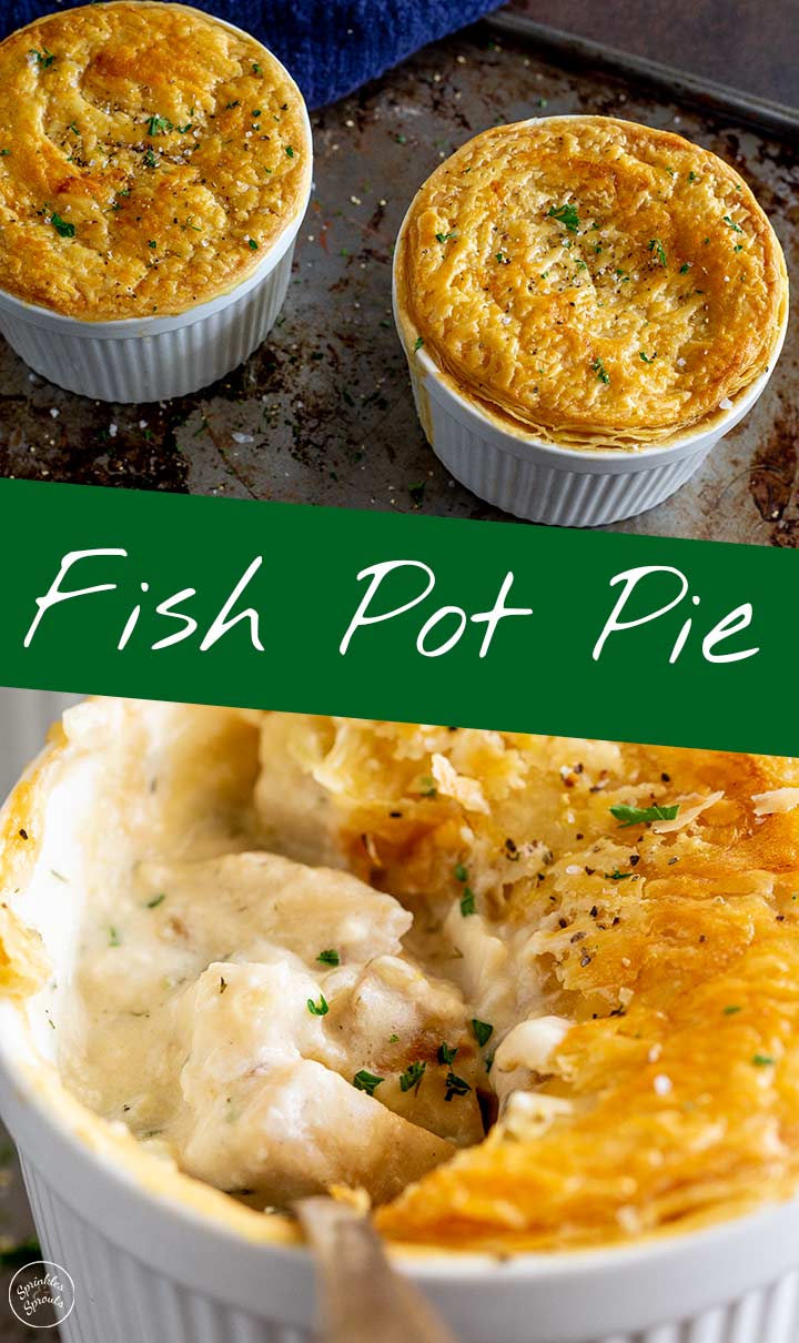 two pictures of fish pot pie with text in the middle