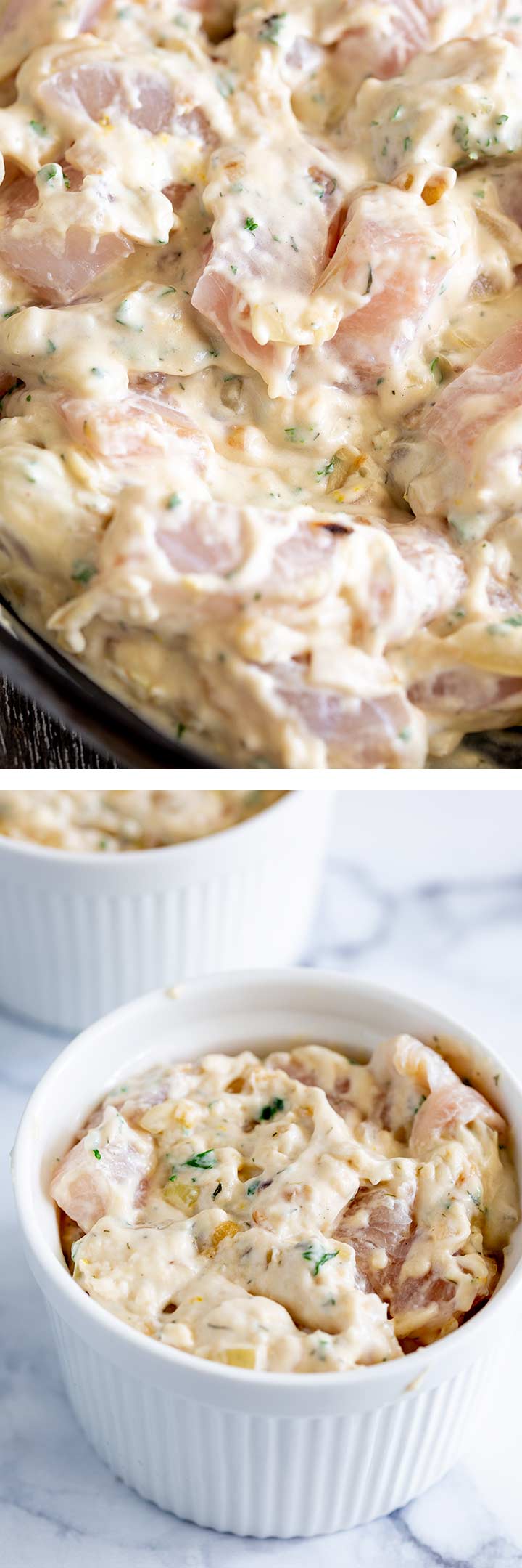 Tow pictures of the raw fish pie filling. One in a pan and one in a ramekin 