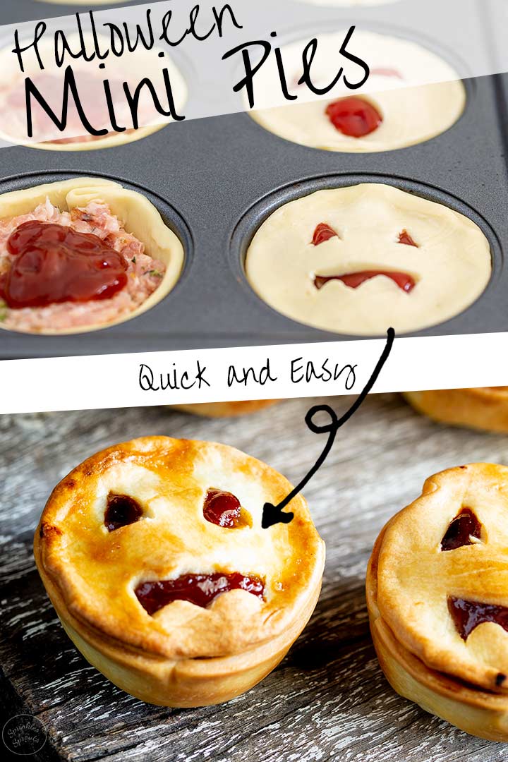 cooked and uncooked halloween pies with writing in the middle and at the top
