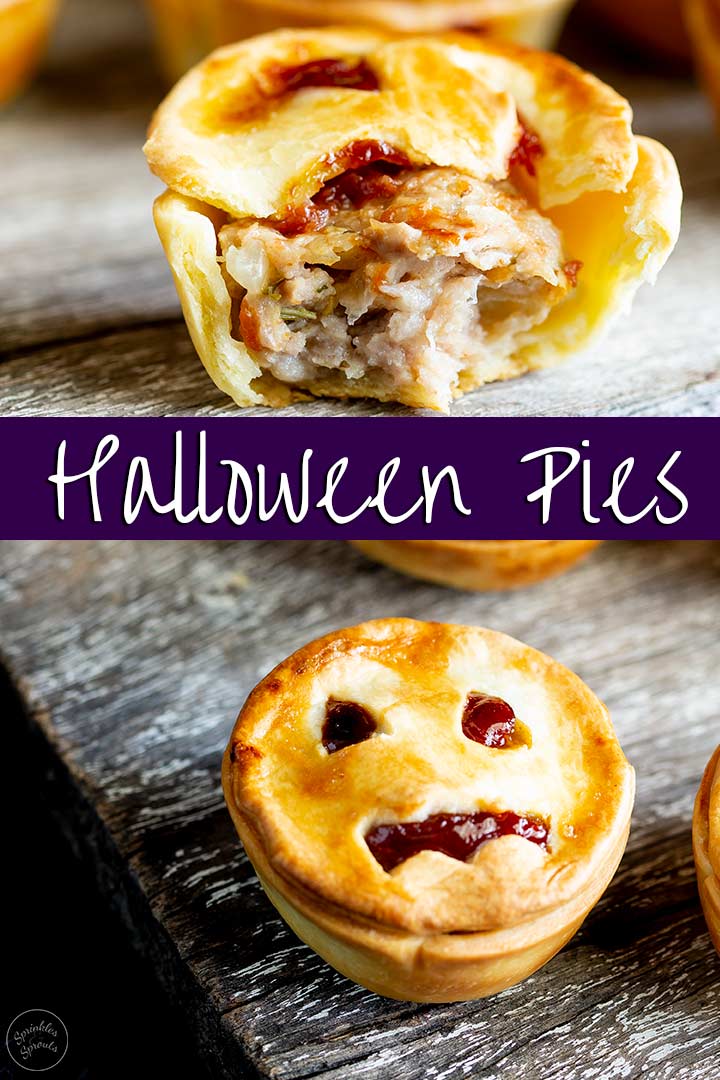 two pictures of halloween pies, one with a bite out and one with a face with text in the middle