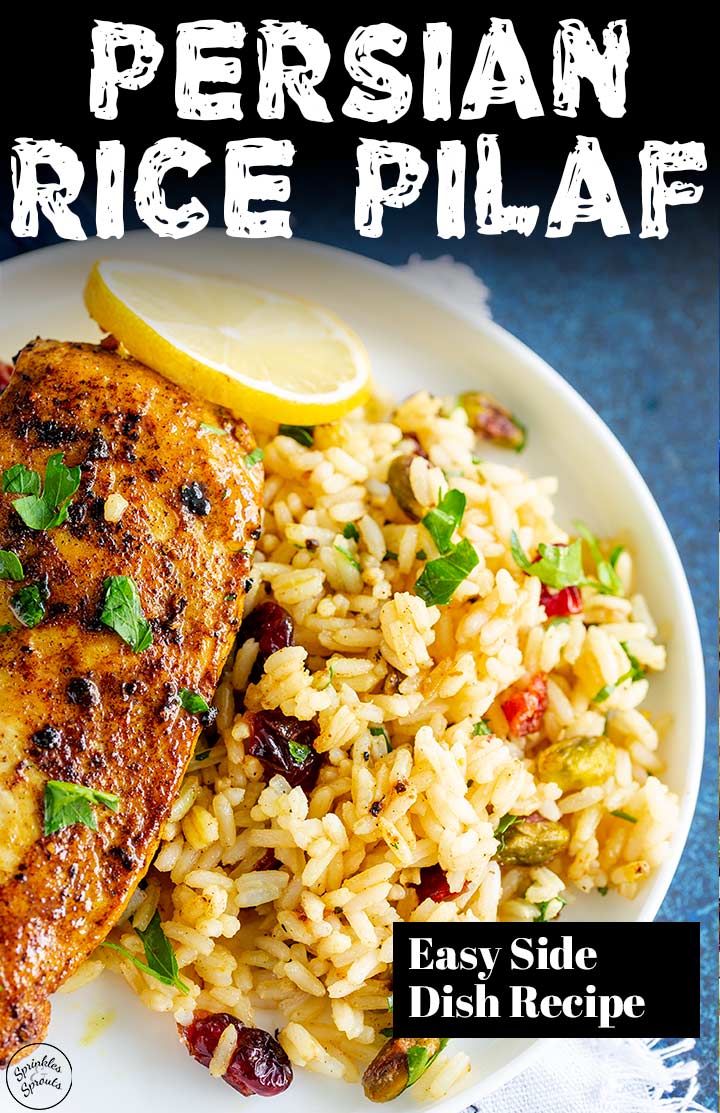 chicken and jeweled rice in a blue pan with text at the top and bottom