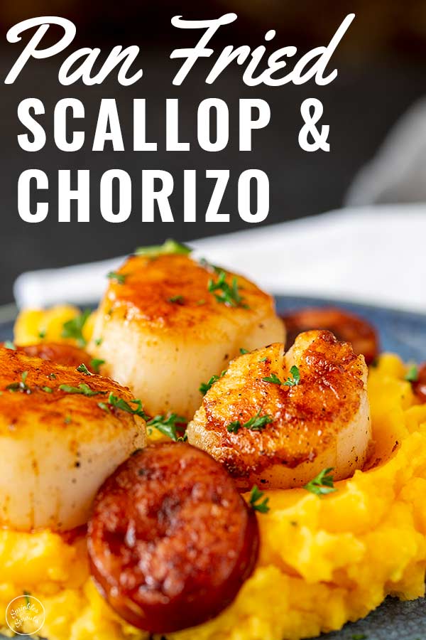 Close up on scallops and chorizo on sweet potato mash with text at the top