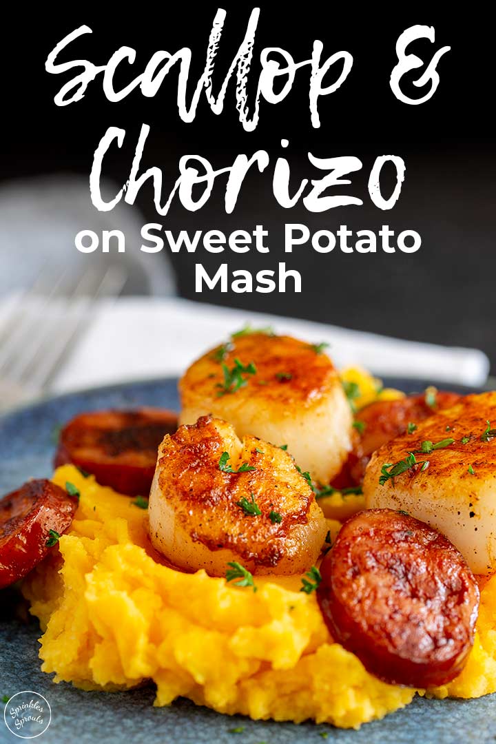 a blue plate of scallops and chorizo on sweet potato mash with text at the top