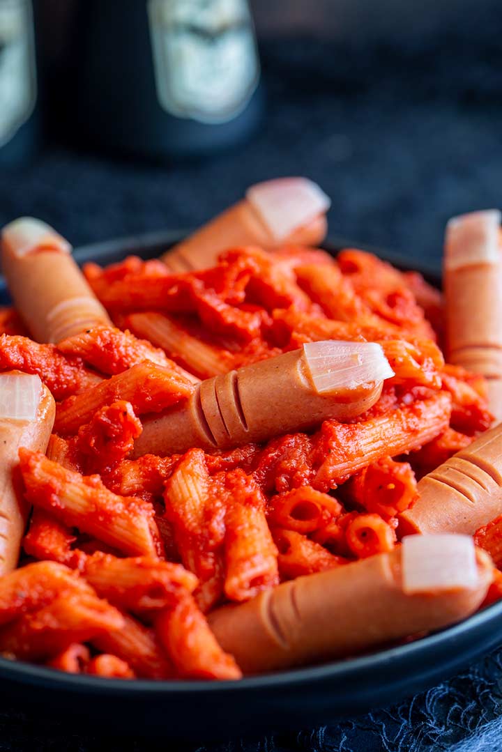 close up on the red sauce of the halloween pasta 