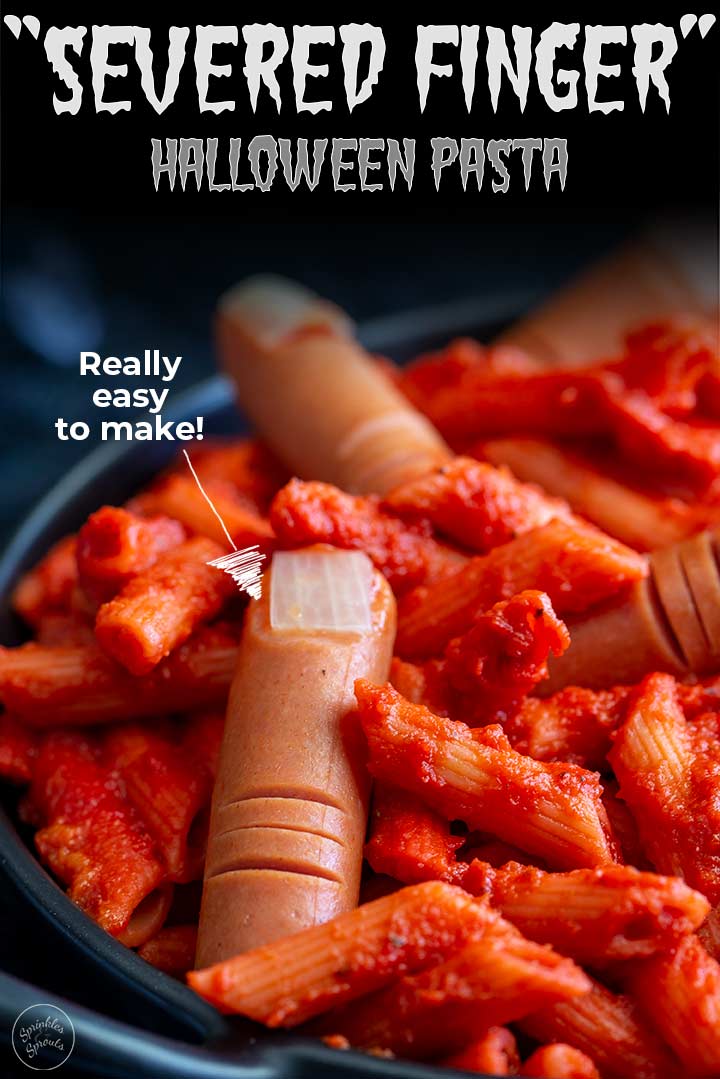 close up on the hotdog severed fingers in this halloween pasta with text at the top