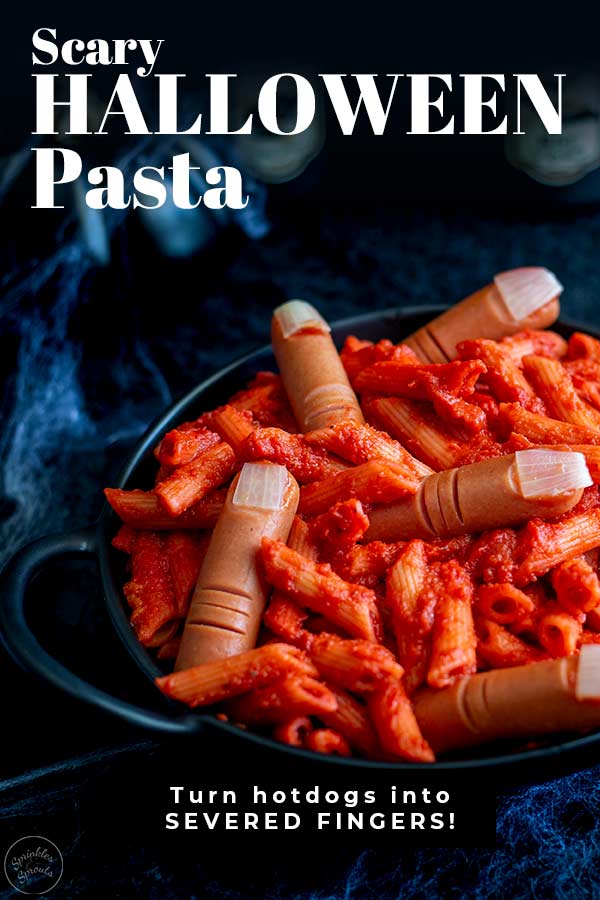 A black bowl of severed finger pasta with text at the top and bottom