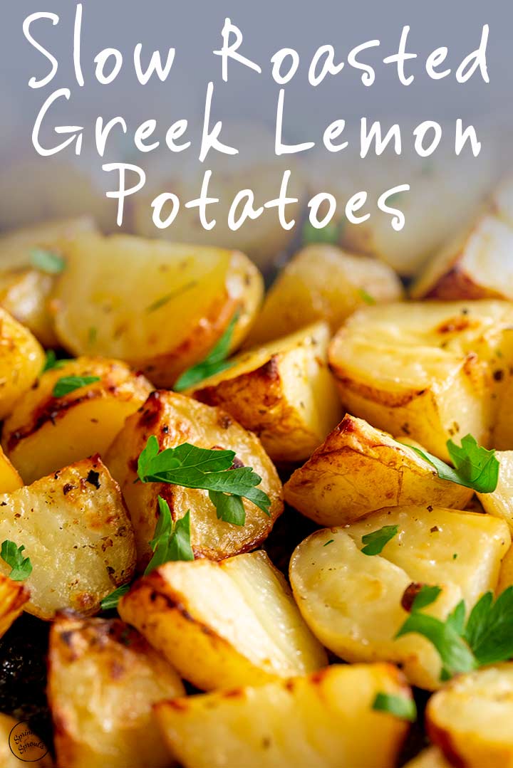 close up on greek potatoes with text at the top