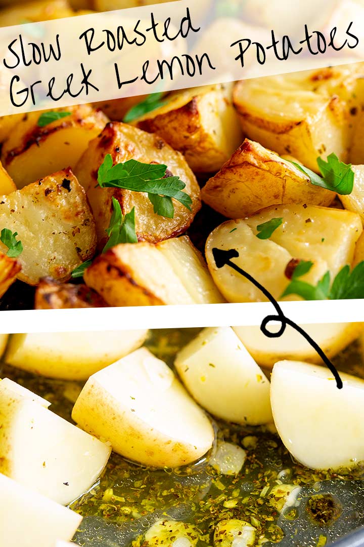 close up on greek potatoes cooked and raw with text in the middle