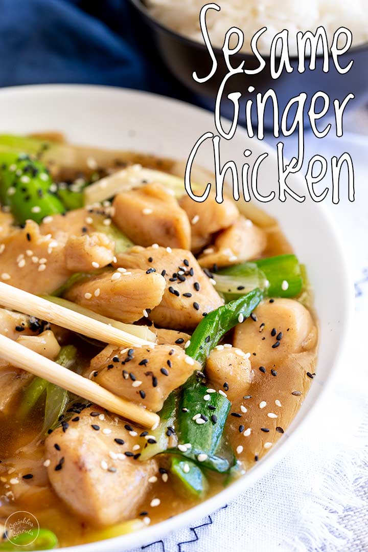 chopsticks picking up a piece of ginger chicken with text at the top