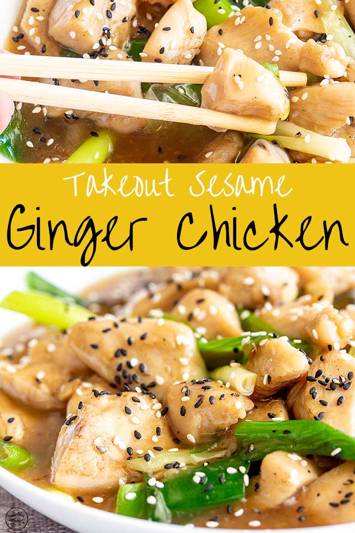 two pictures of sesame ginger chicken with text in the middle