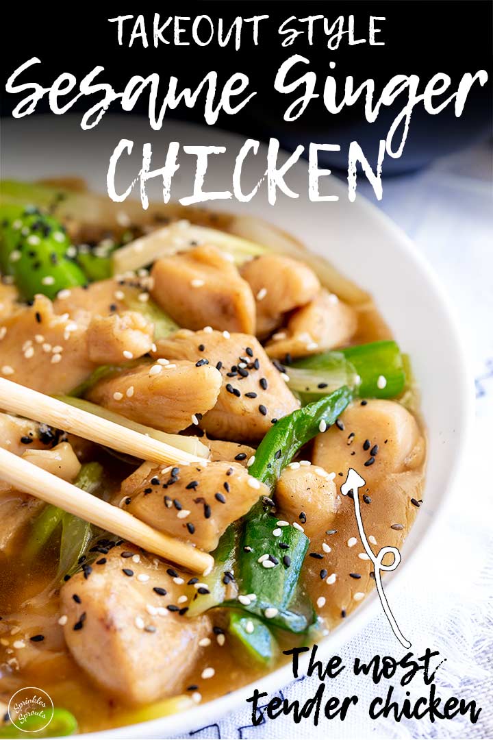 chopsticks picking up a piece of ginger chicken with text at the top and bottom