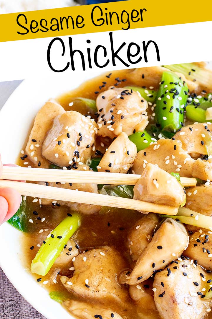 chopsticks picking up a piece of ginger chicken with text at the top