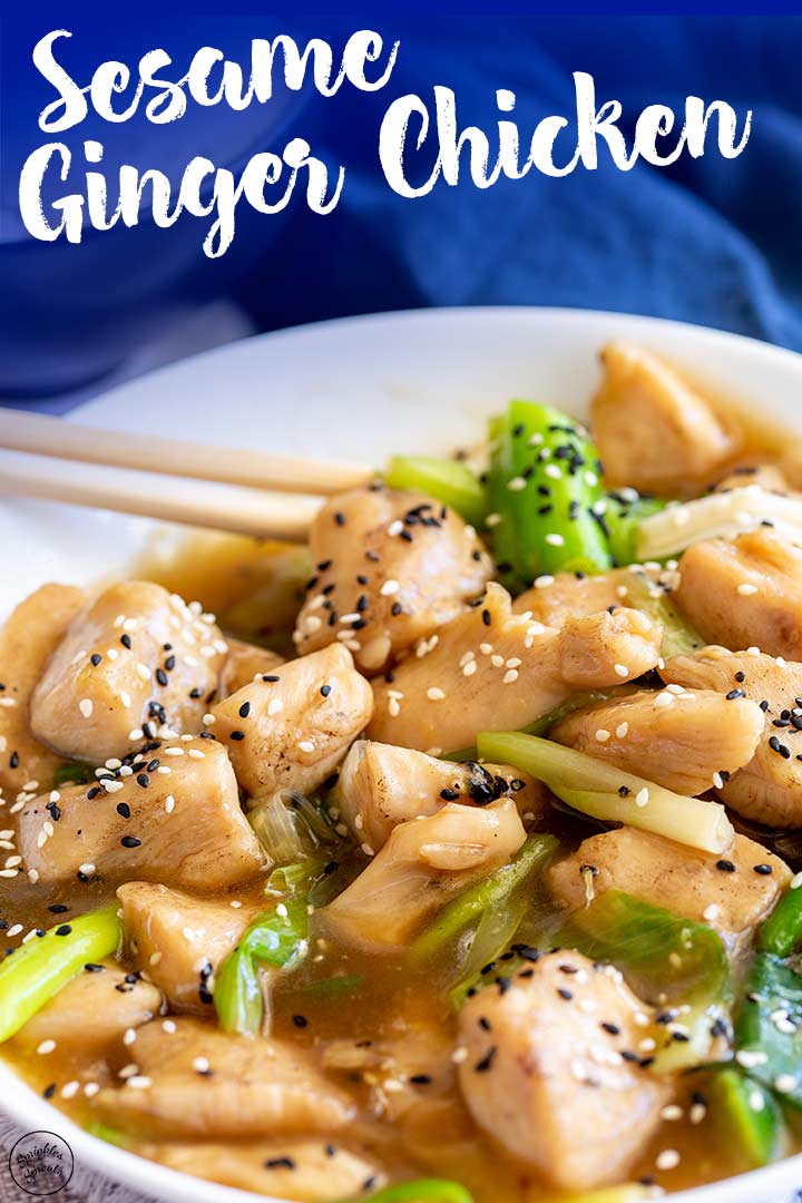 chopsticks in a bowl of ginger chicken with text at the top