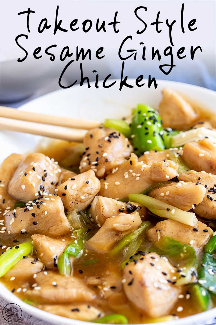 sesame ginger chicken in a white bowl with text at the top