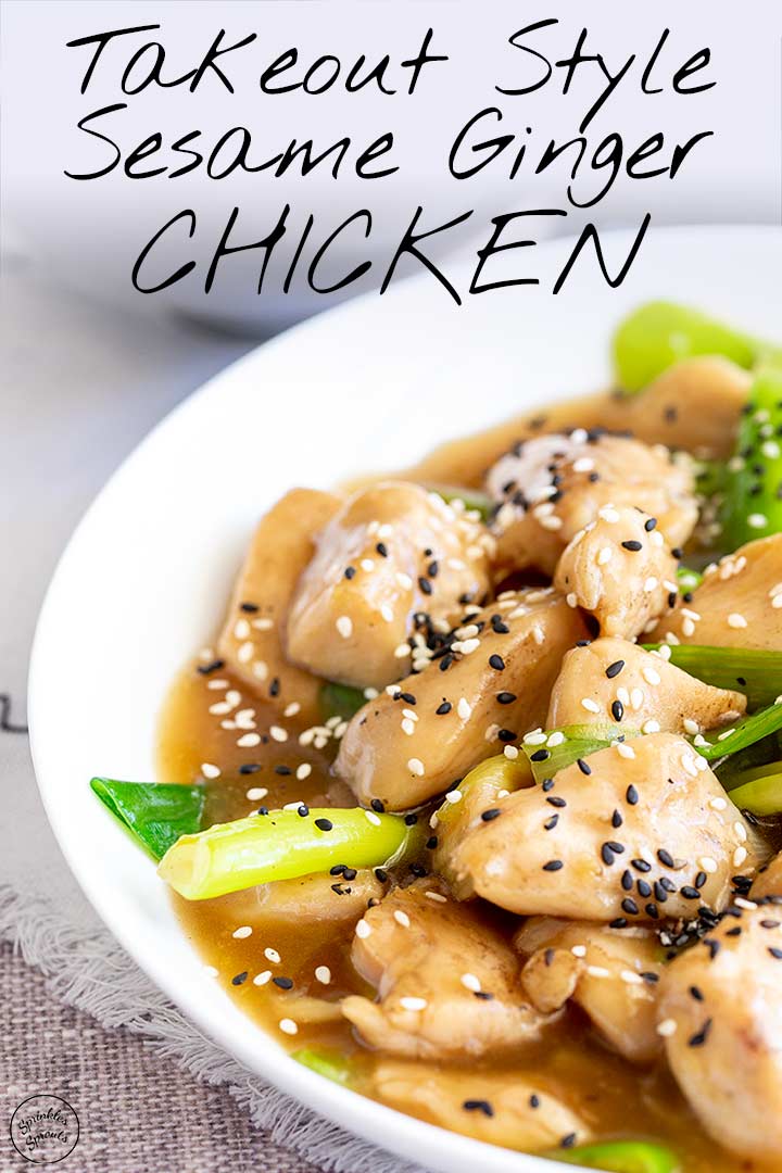 Sesame chicken in a white bowl with text at the top