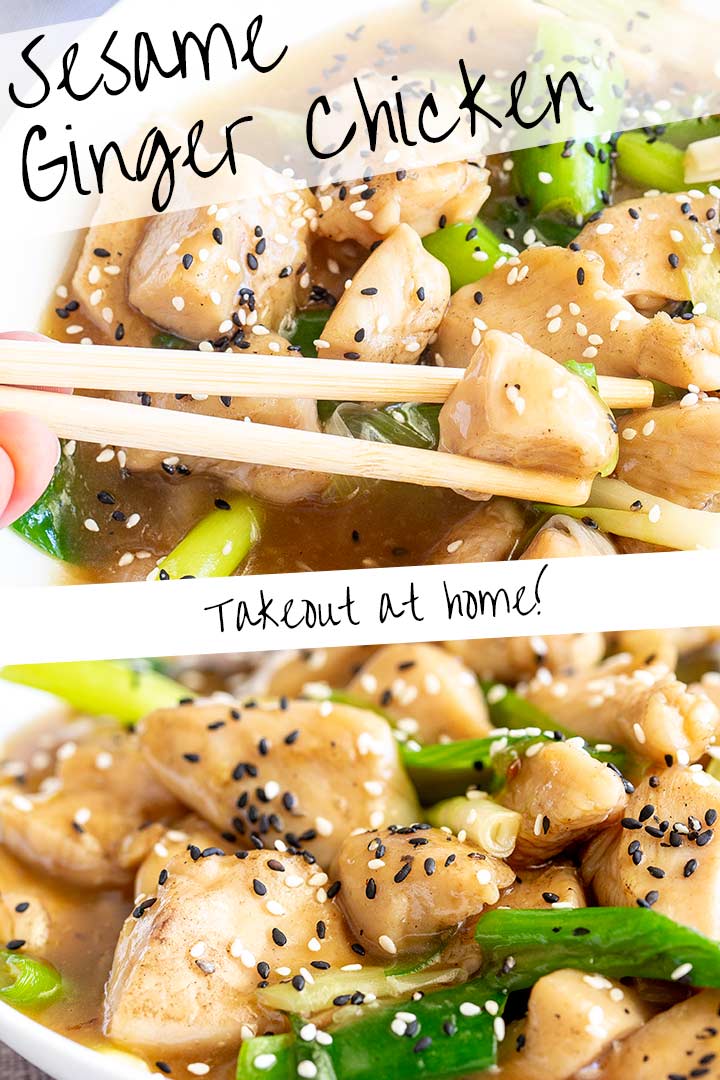 two pictures of sesame ginger chicken with text in the middle and top