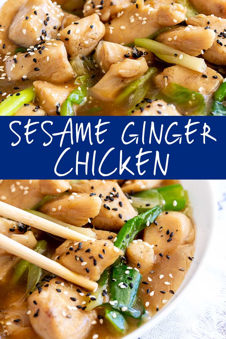 two pictures of sesame ginger chicken with text in the middle