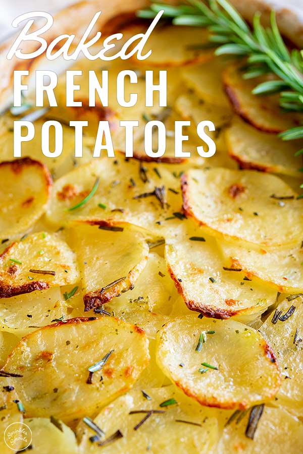 baked French potatoes casserole with text at the top
