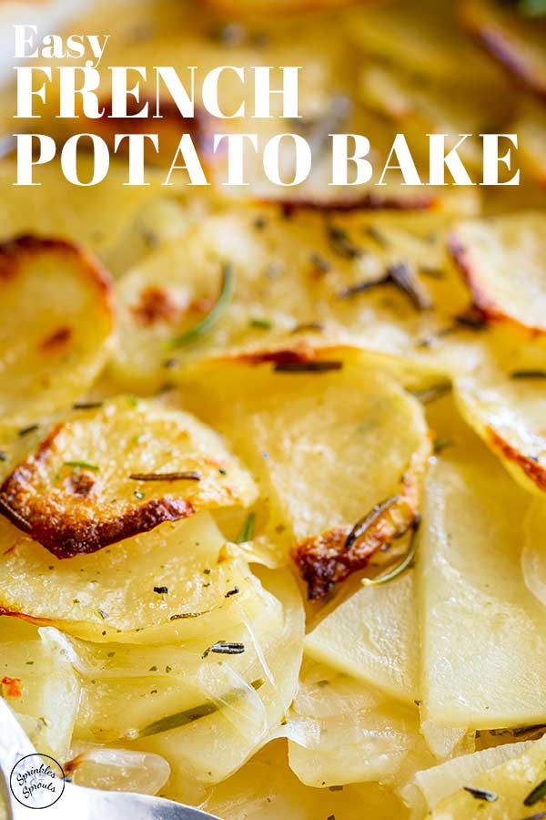 a French potato bake with text in the top left
