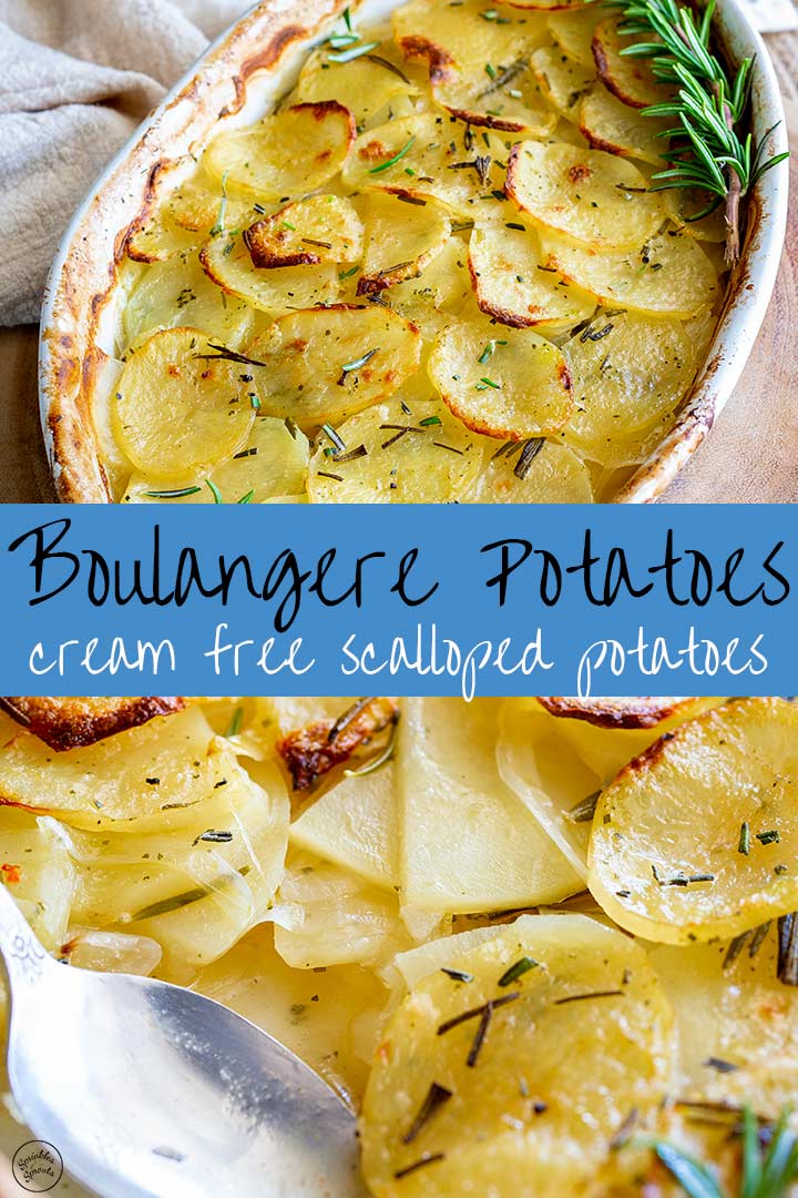 two pictures of Boulangère potatoes with text in the middle