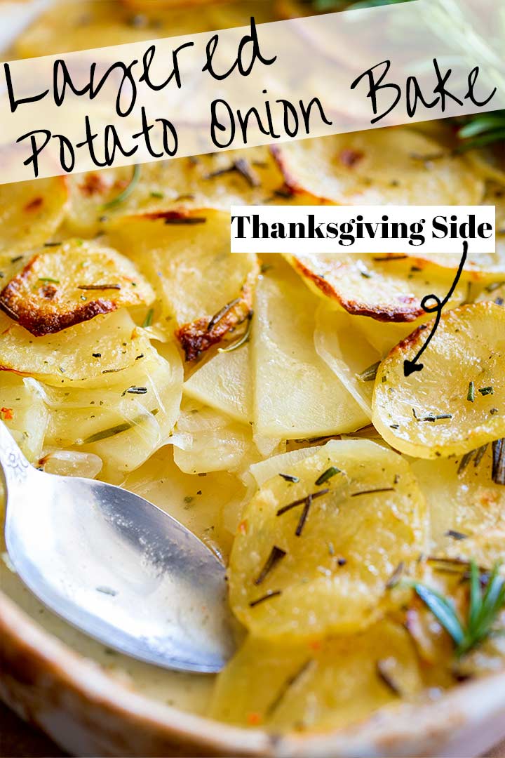 a spoon in a dish of scalloped potatoes with text at the top